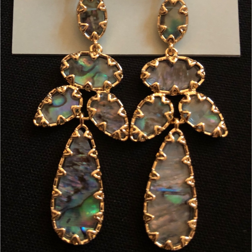 Gold and abalone dangle chandelier statement earrings - Picture 5 of 7